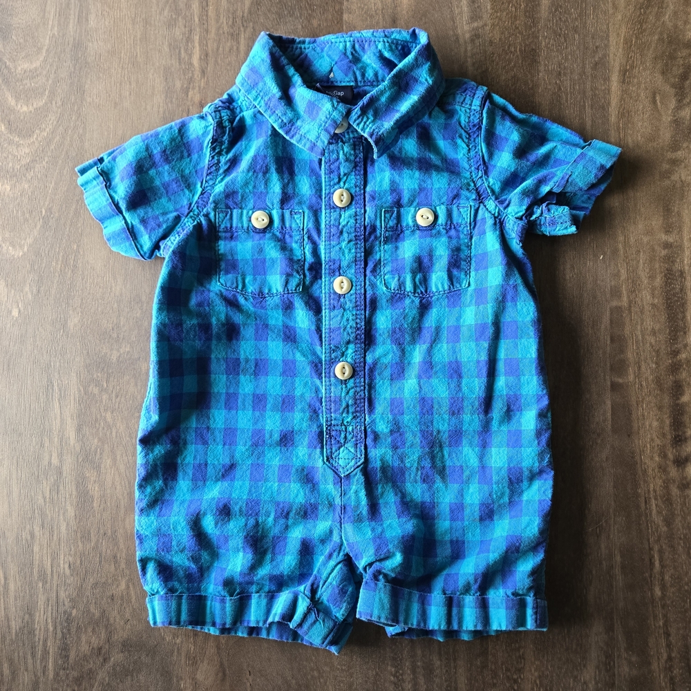 BabyGAP Teal and Navy Checkered Baby Romper Size 0-3 Months